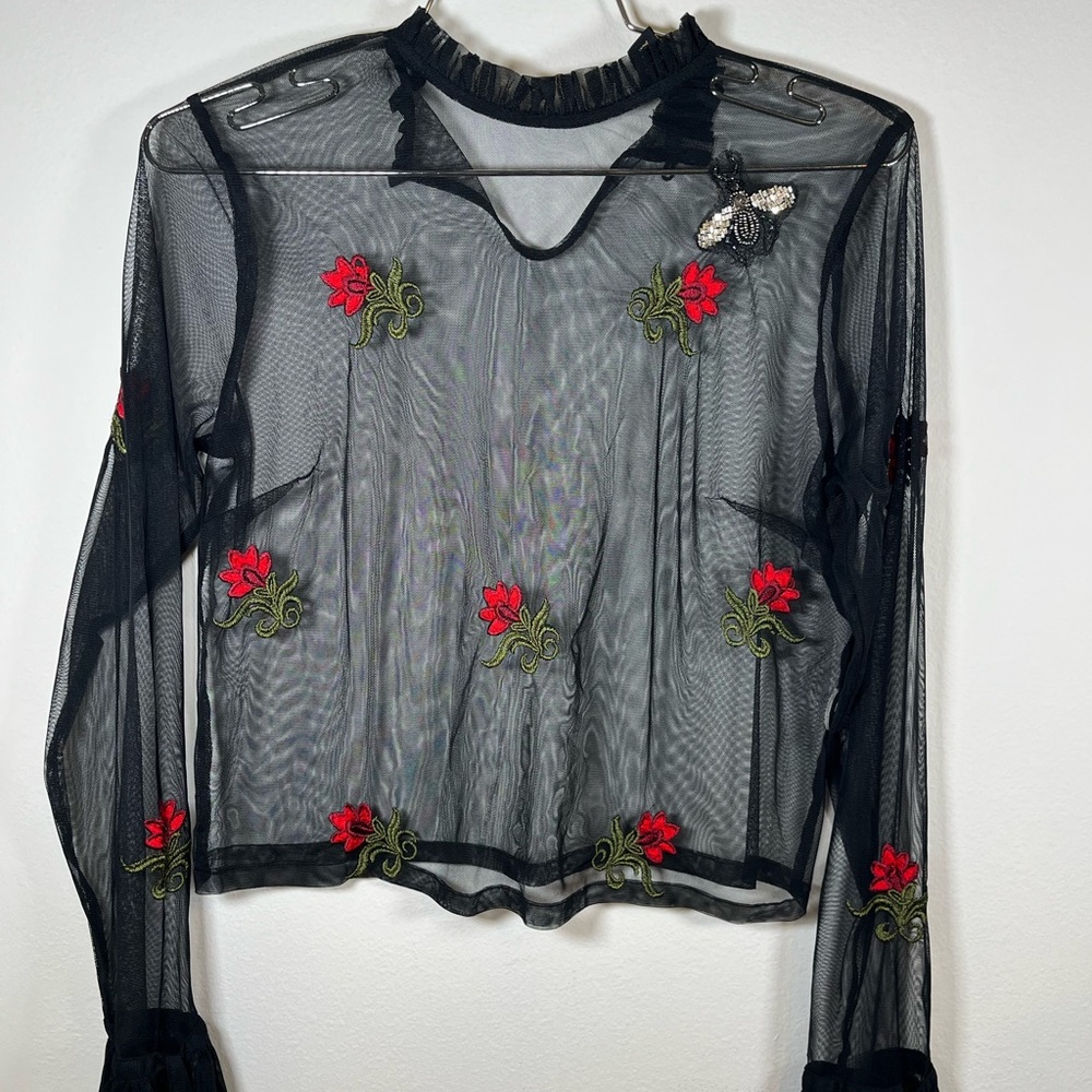 Forever 21 Black Sheer Blouse with Red Floral Embroidery